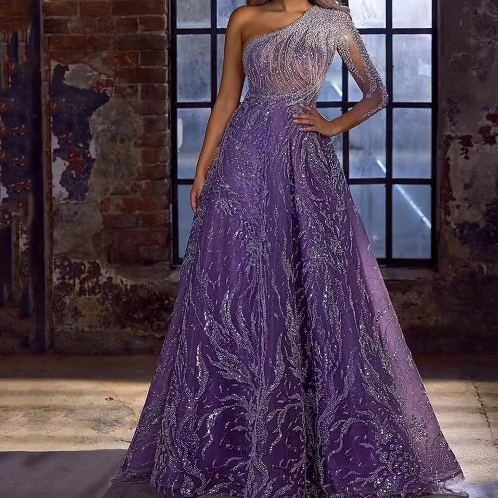 2025 Sequined One Shoulder Long Formal Evening Dress Purple