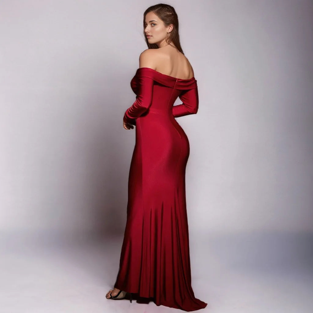 Ruched Sweetheart Long Sleeves High Split Formal Evening Dress