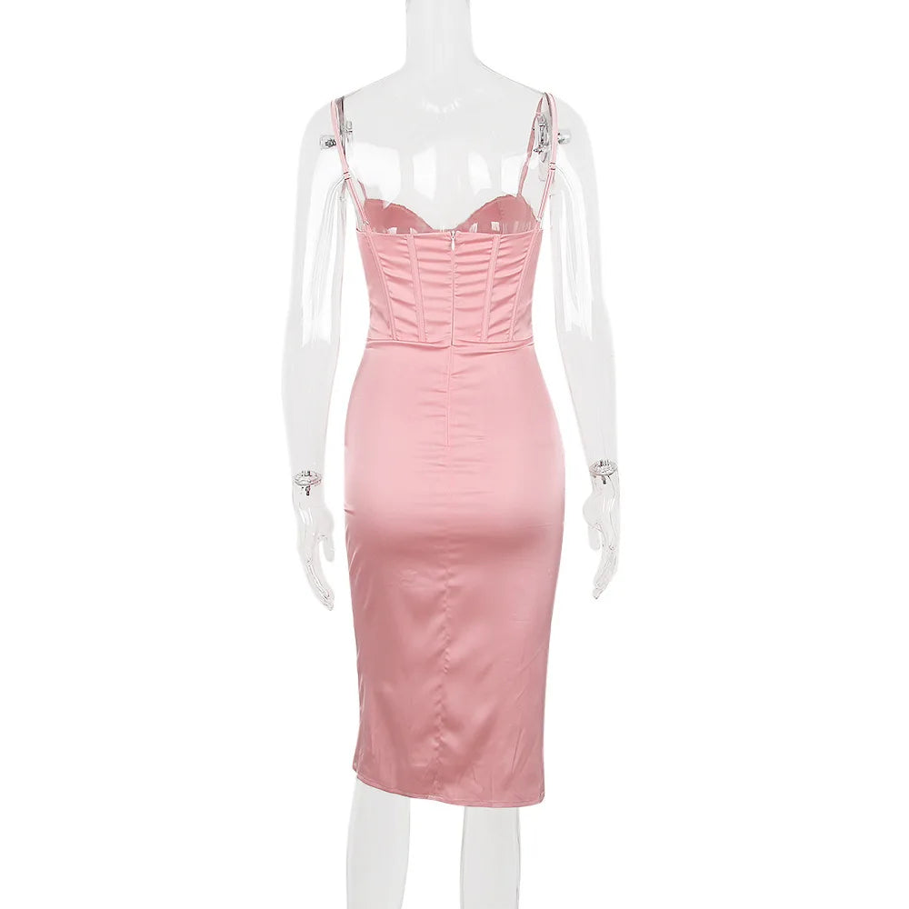 Sexy Spaghetti Straps Sweetheart Open Back Fishbone Top Ruched Knee Length Dress Pink