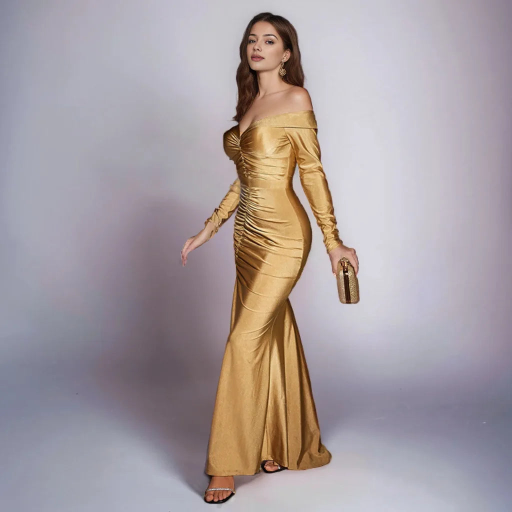 Ruched Sweetheart Long Sleeves High Split Formal Evening Dress