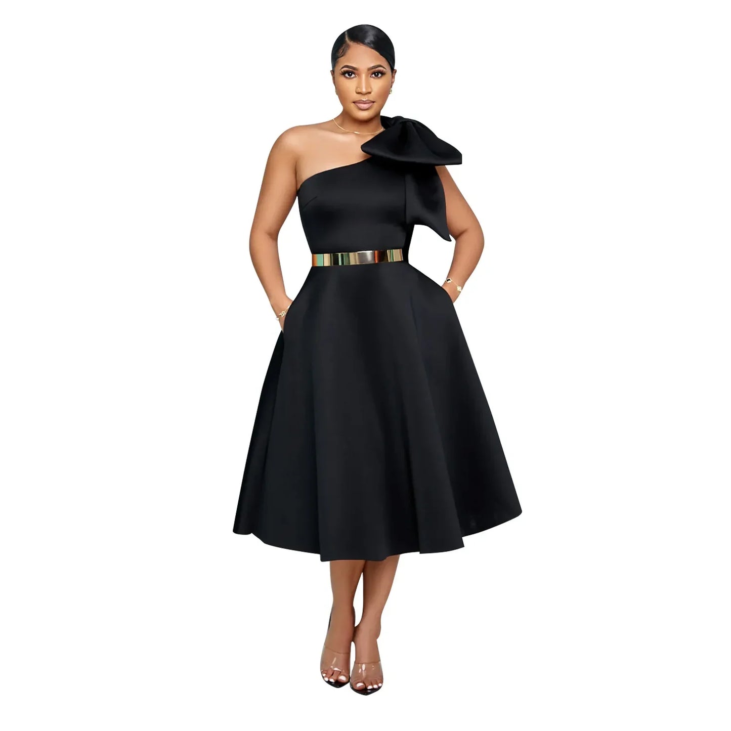 Elegant Solid Color One Shoulder Bow Dress
