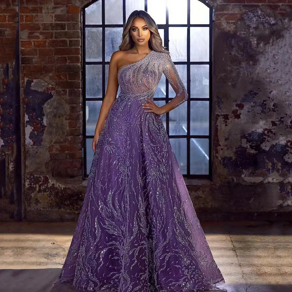 2025 Sequined One Shoulder Long Formal Evening Dress Purple