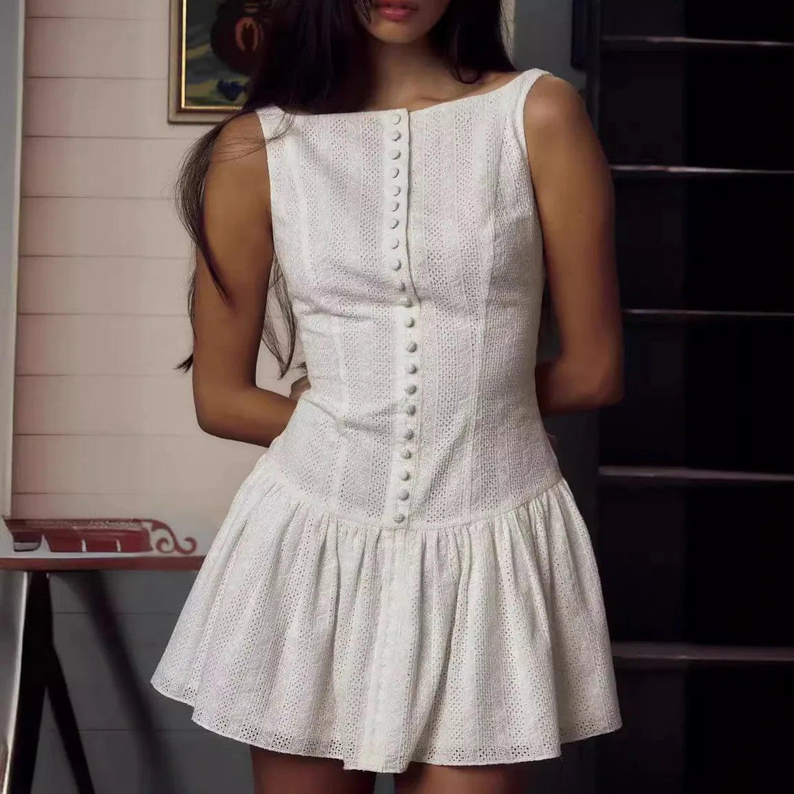 Sexy Backless Slim Chic Single-breasted Spaghetti Straps Short Cotton Dress