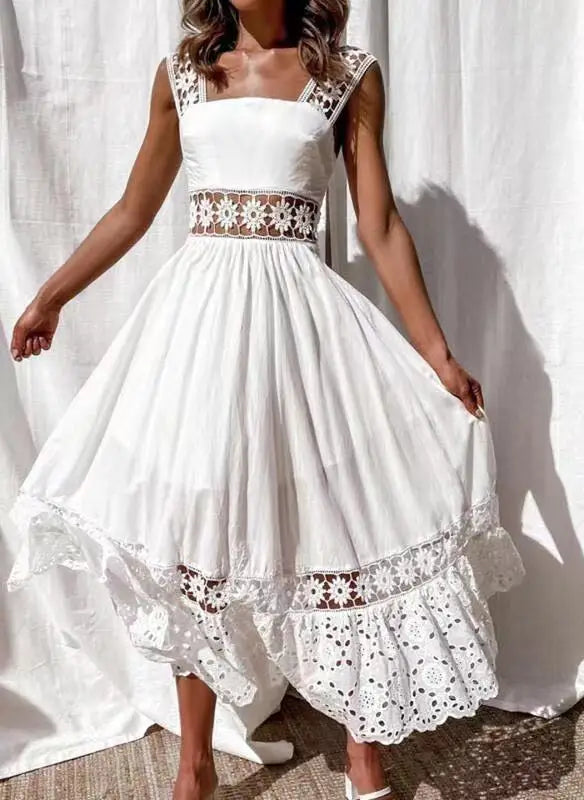 Fresh Open Back Waist Cut Lace Square Neck Long Summer Dress White