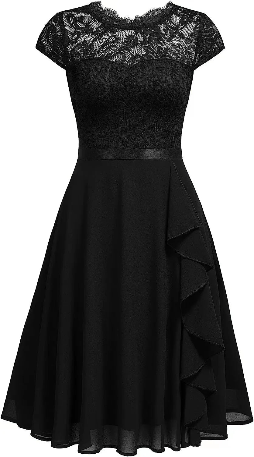 Elegant Short-sleeved Lace Ruffles Chiffon Short Dress