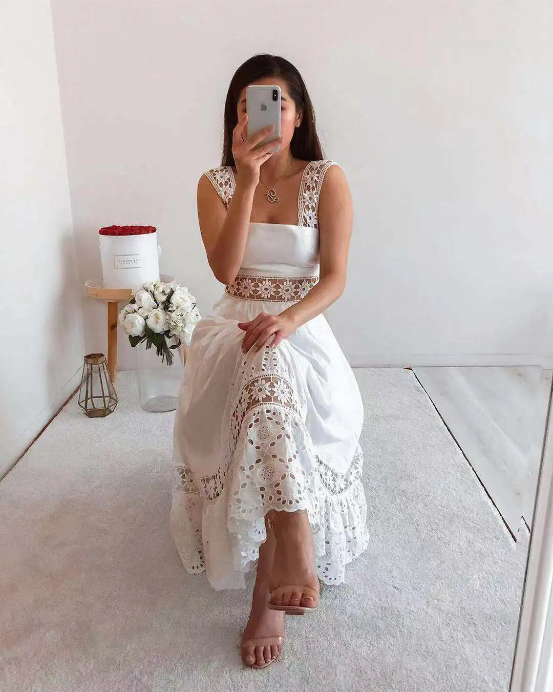 Fresh Open Back Waist Cut Lace Square Neck Long Summer Dress White