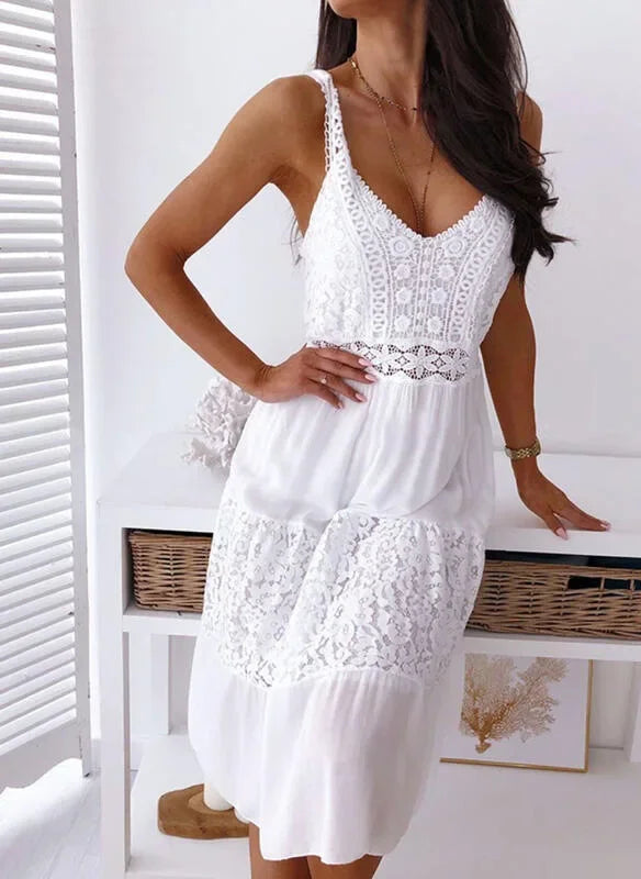 Sexy Lace Hollow V-neck Spaghetti Straps Short Dress White