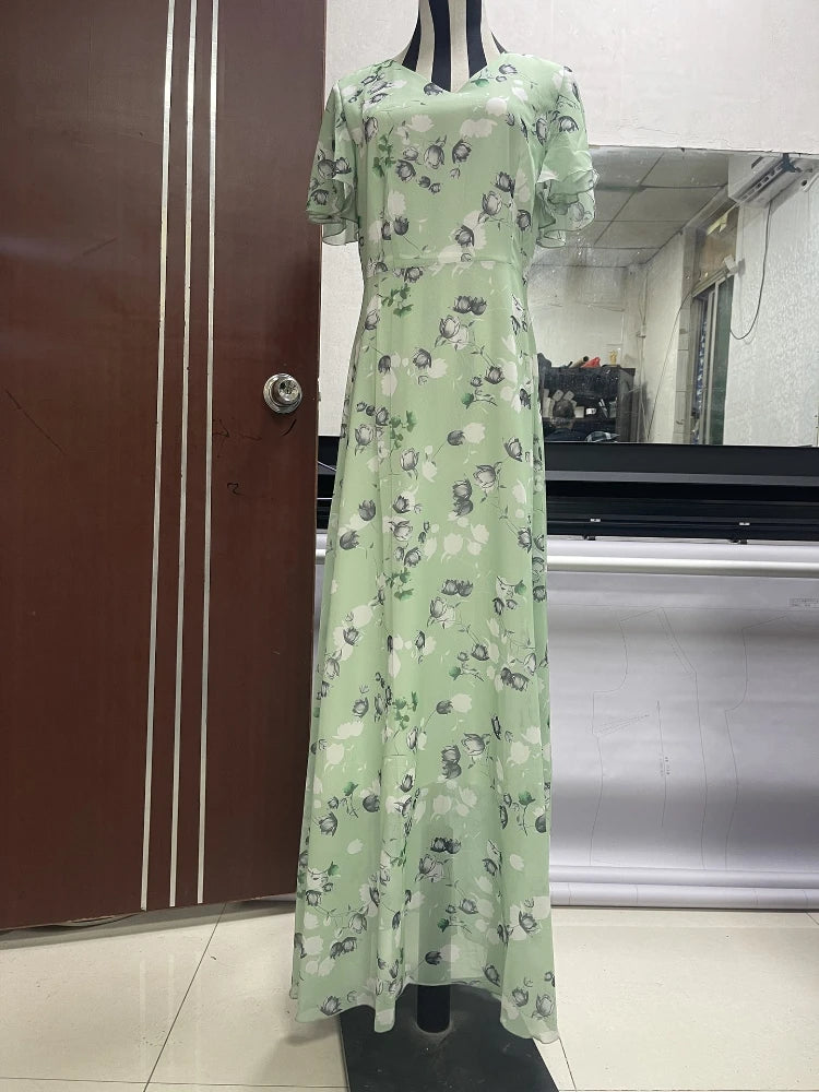 Print Flowers Butterfly Sleeves V-neck Ankle Length Summer Dress