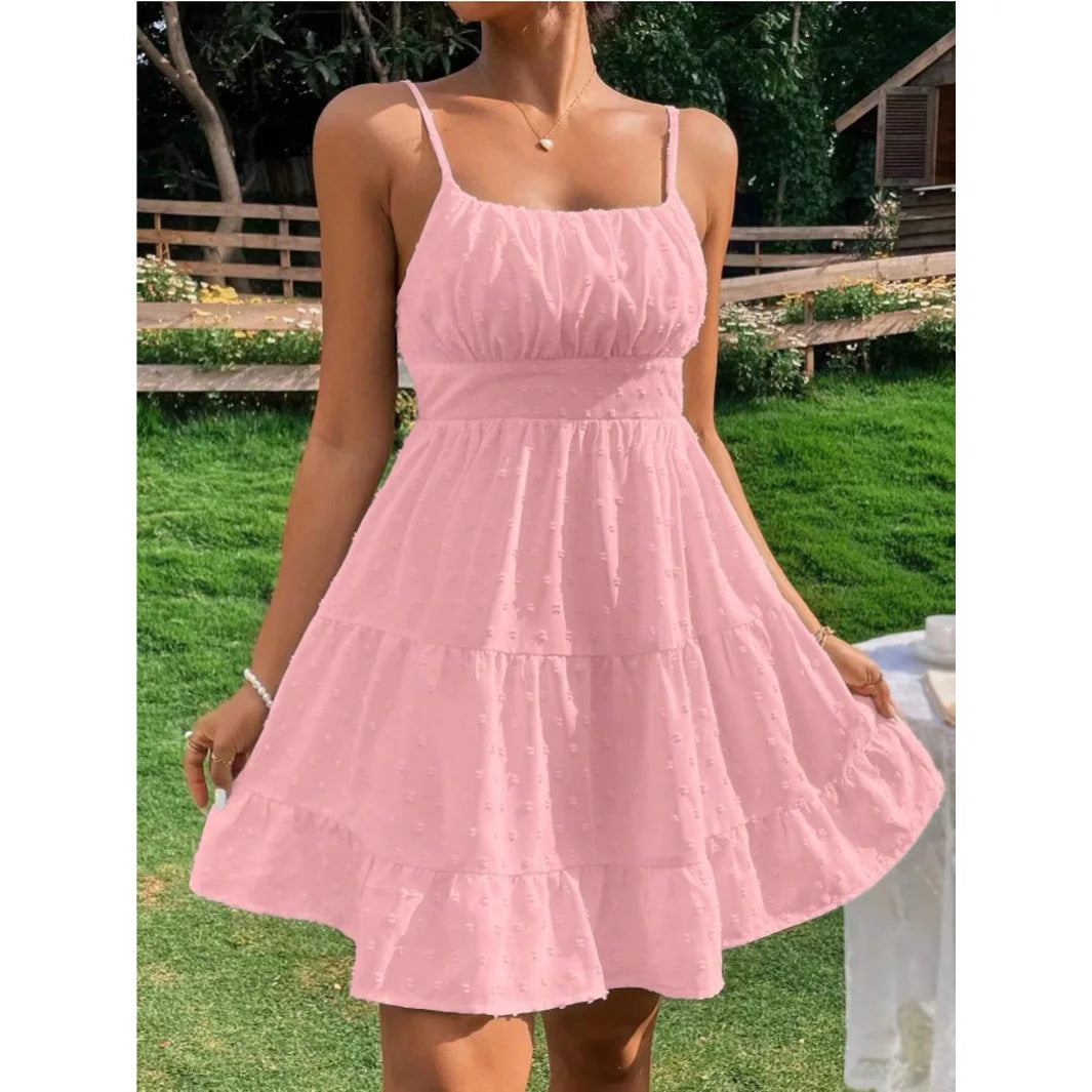 Spaghetti Straps Open Back Ruched Dots Short Summer Dress