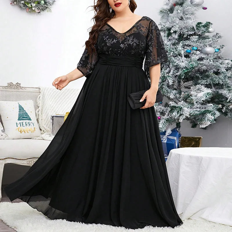 Elegant V-neck Sequined Mesh Chiffon Long Formal Dress Black