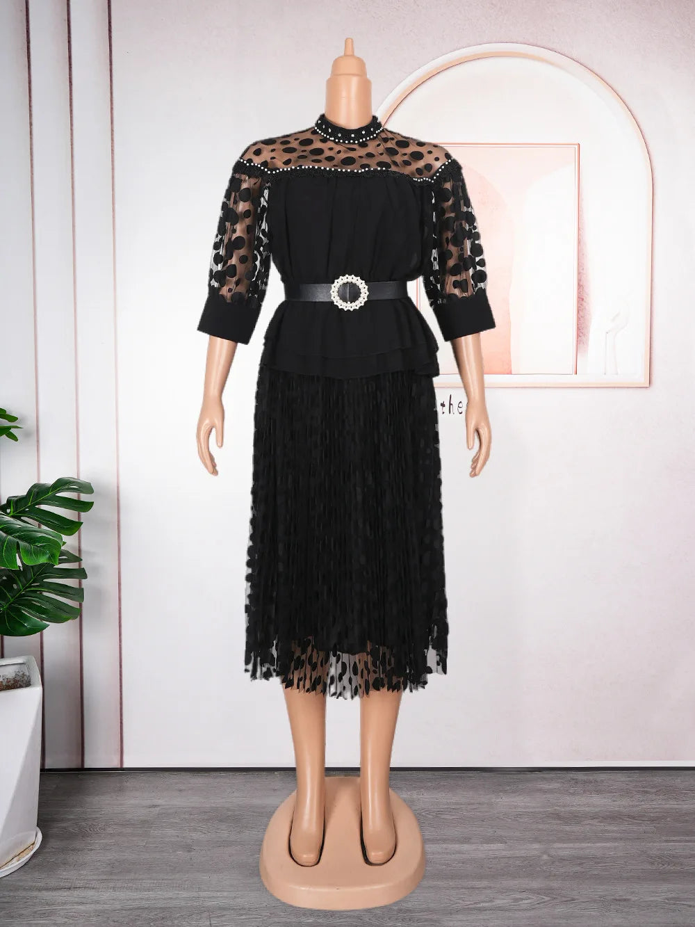 Elegant Fashionable Lace Long Sleeves Chiffon Knee Length Tiers Dress With Belt