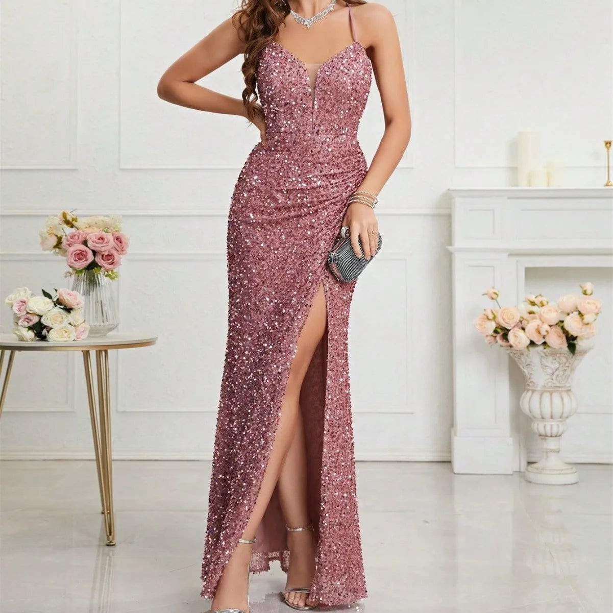 2024 V-neck Spaghatti Straps Sequined Formal Evening Prom Dress