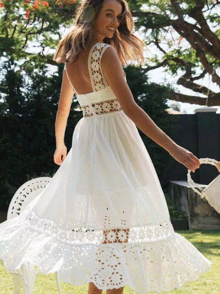 Fresh Open Back Waist Cut Lace Square Neck Long Summer Dress White