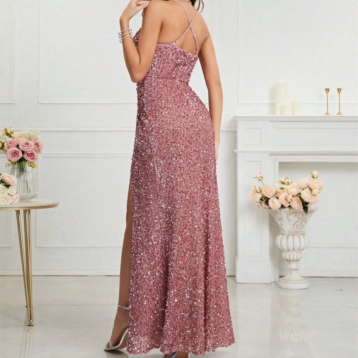 2024 V-neck Spaghatti Straps Sequined Formal Evening Prom Dress