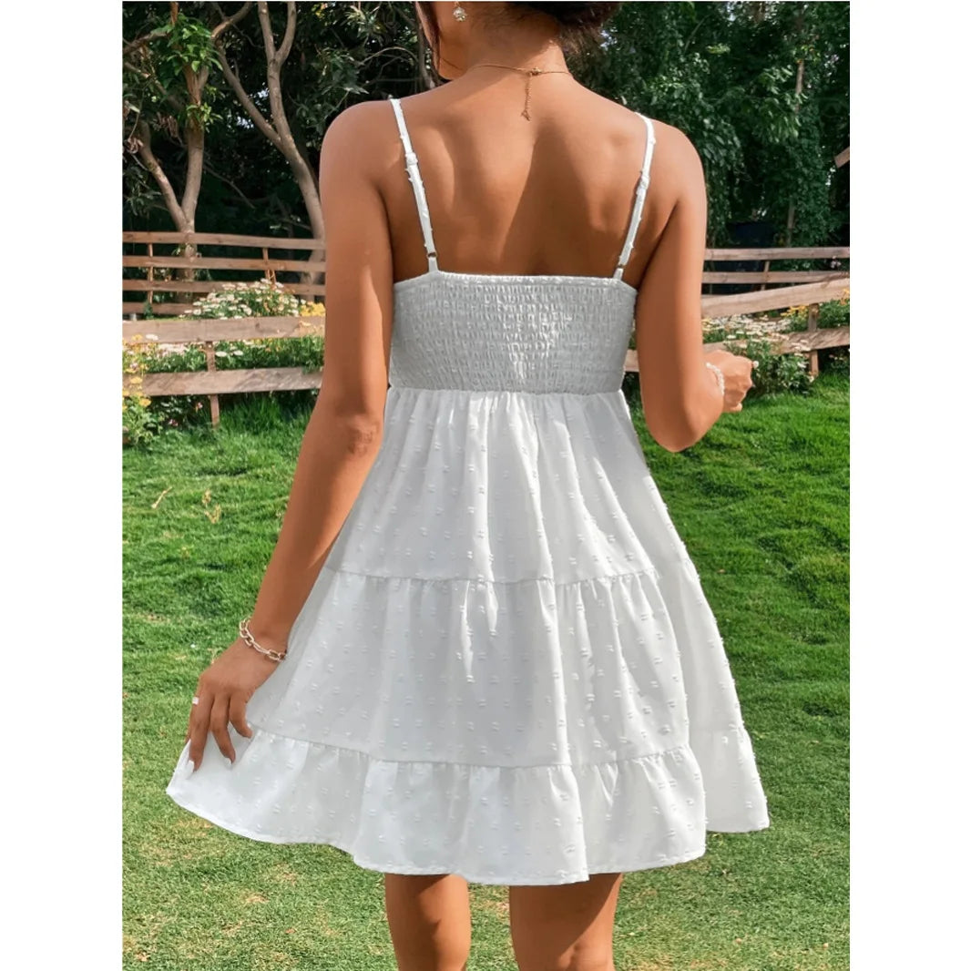 Spaghetti Straps Open Back Ruched Dots Short Summer Dress
