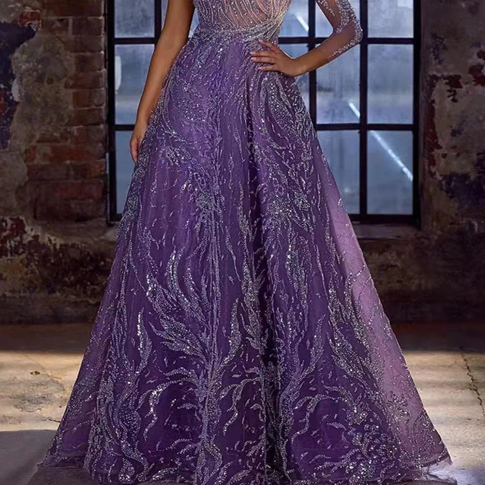 2025 Sequined One Shoulder Long Formal Evening Dress Purple