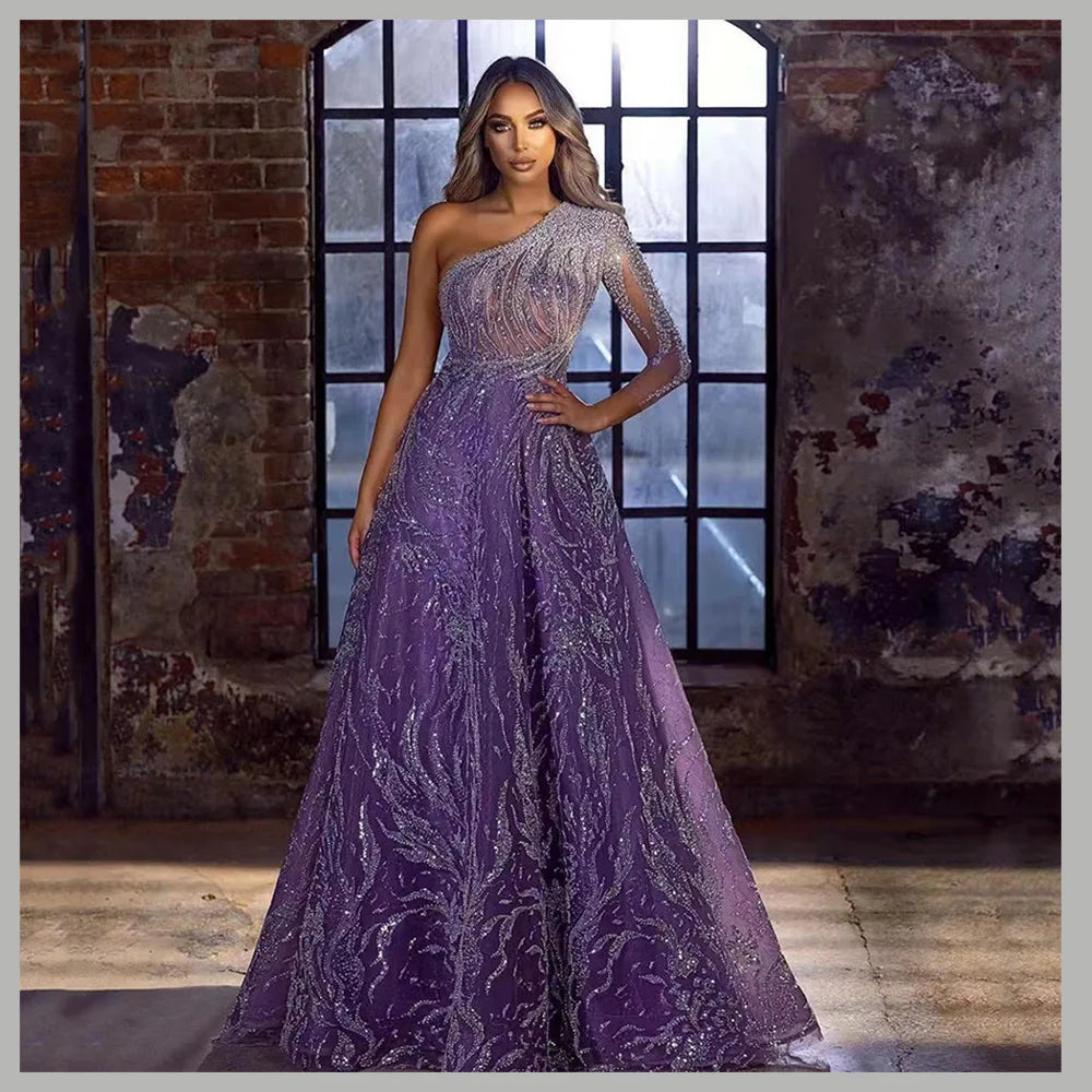 2025 Sequined One Shoulder Long Formal Evening Dress Purple