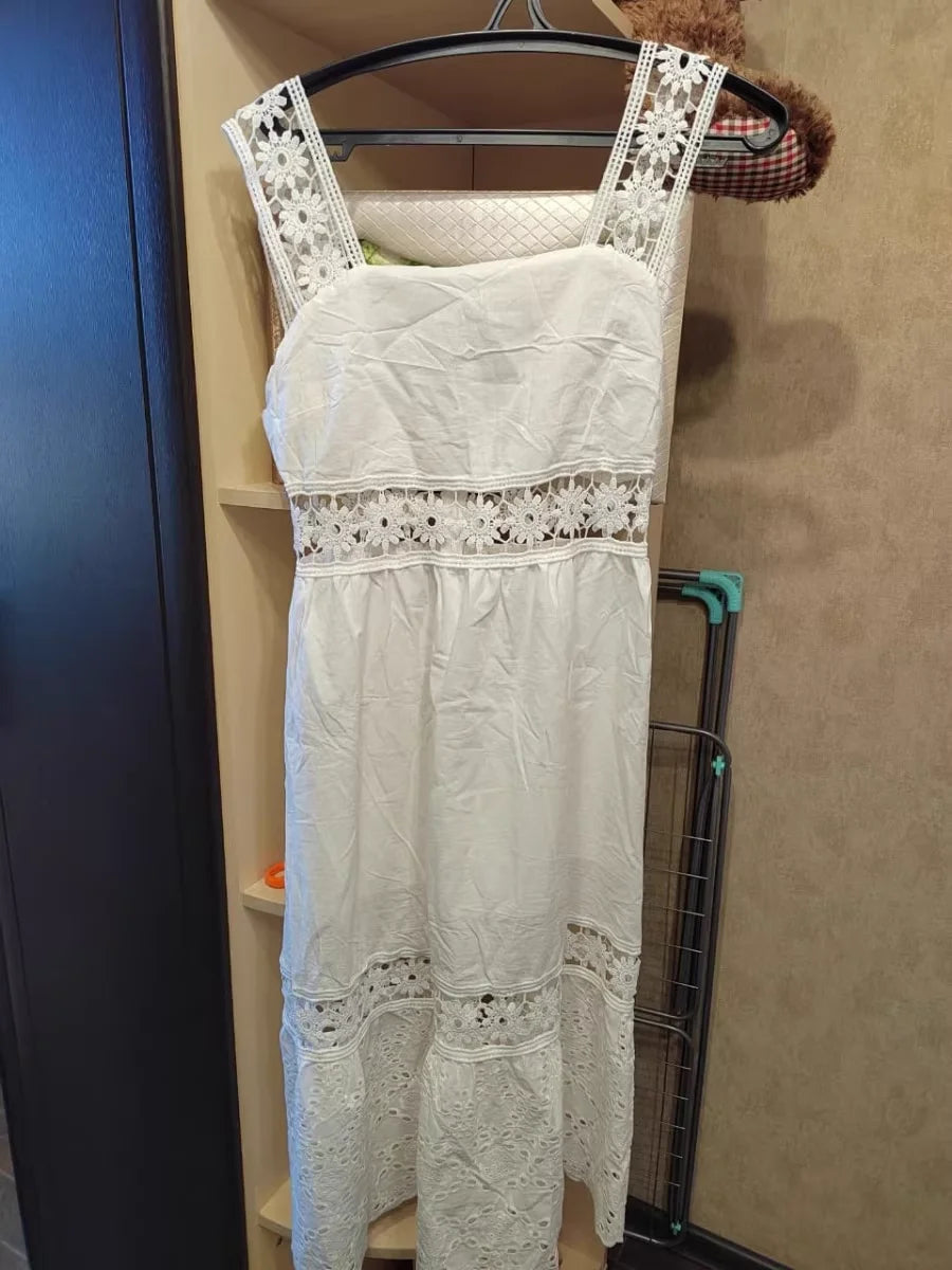 Fresh Open Back Waist Cut Lace Square Neck Long Summer Dress White