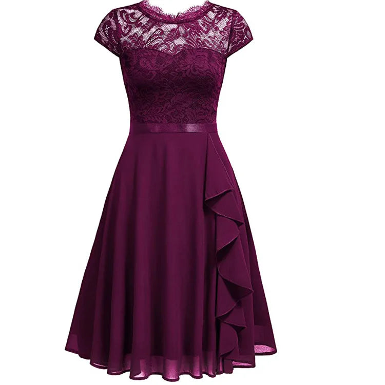 Elegant Short-sleeved Lace Ruffles Chiffon Short Dress