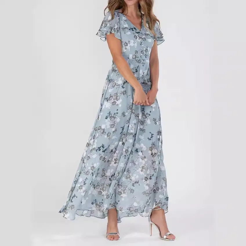 Print Flowers Butterfly Sleeves V-neck Ankle Length Summer Dress
