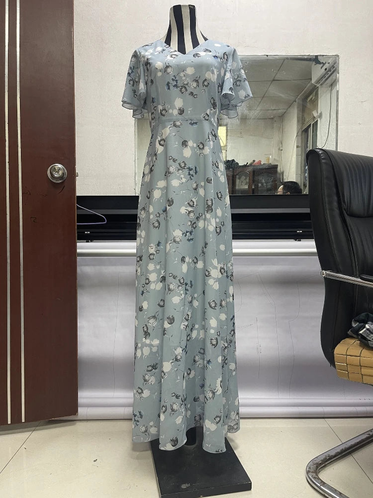 Print Flowers Butterfly Sleeves V-neck Ankle Length Summer Dress