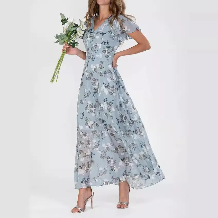 Print Flowers Butterfly Sleeves V-neck Ankle Length Summer Dress