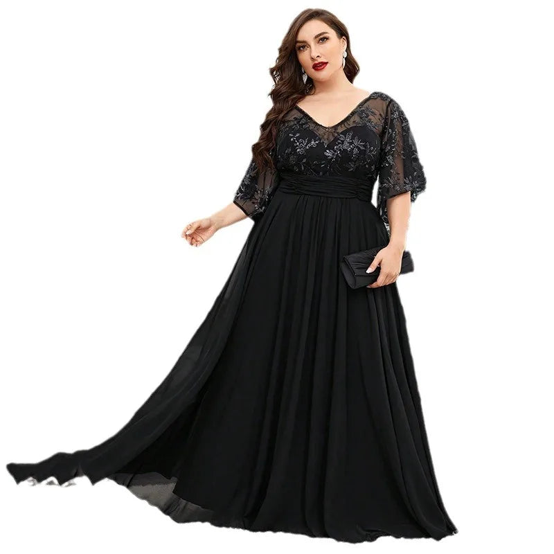 Elegant V-neck Sequined Mesh Chiffon Long Formal Dress Black
