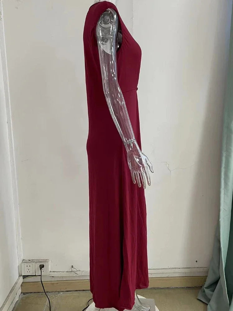 Solid Color Round Neck Ruched Long Dress