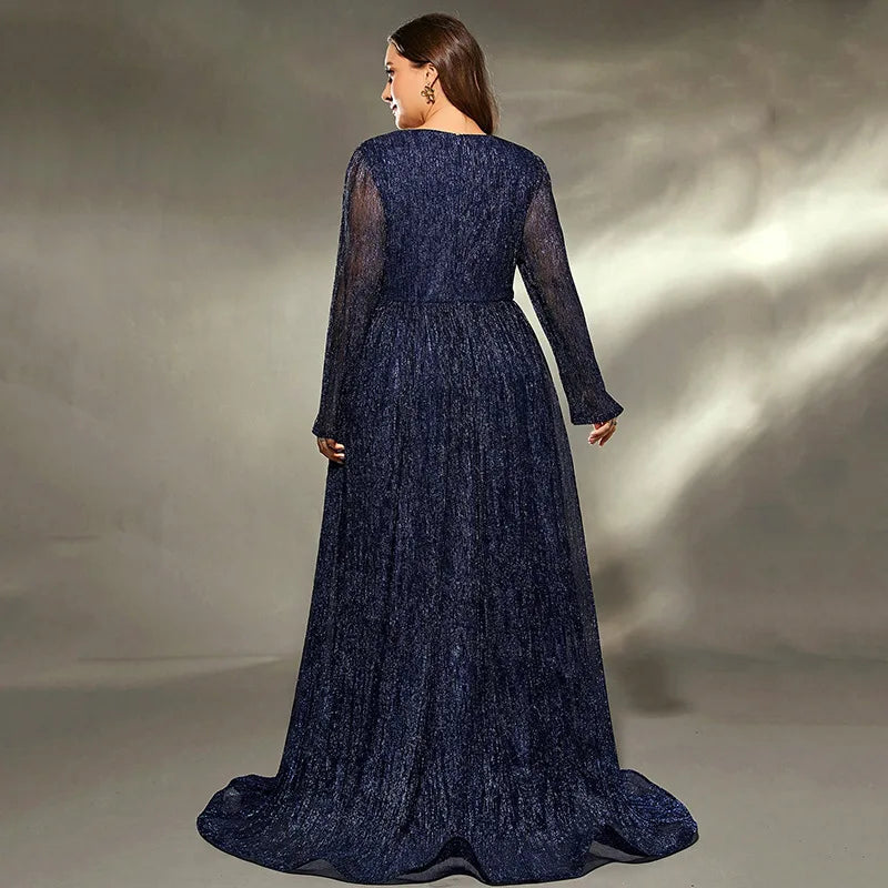 Elegant Long Sleeves Sequined Plus Size Formal Evening Dress Blue