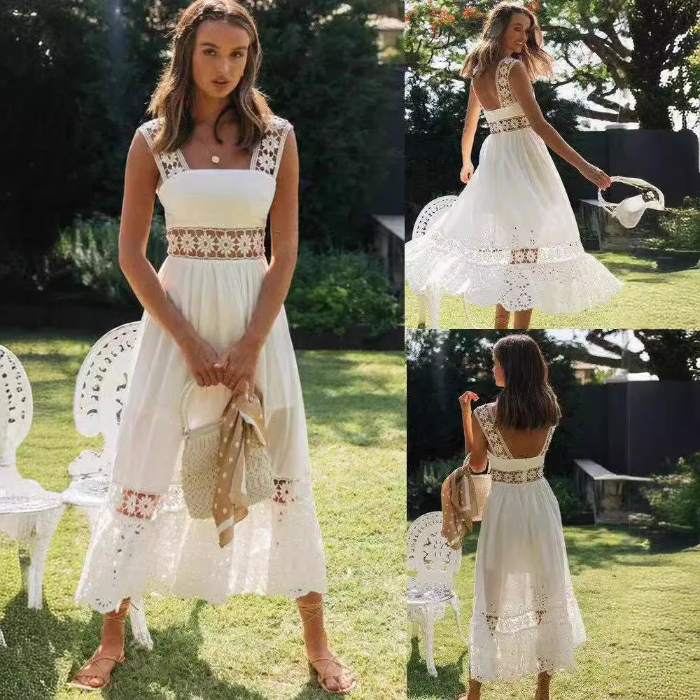 Fresh Open Back Waist Cut Lace Square Neck Long Summer Dress White