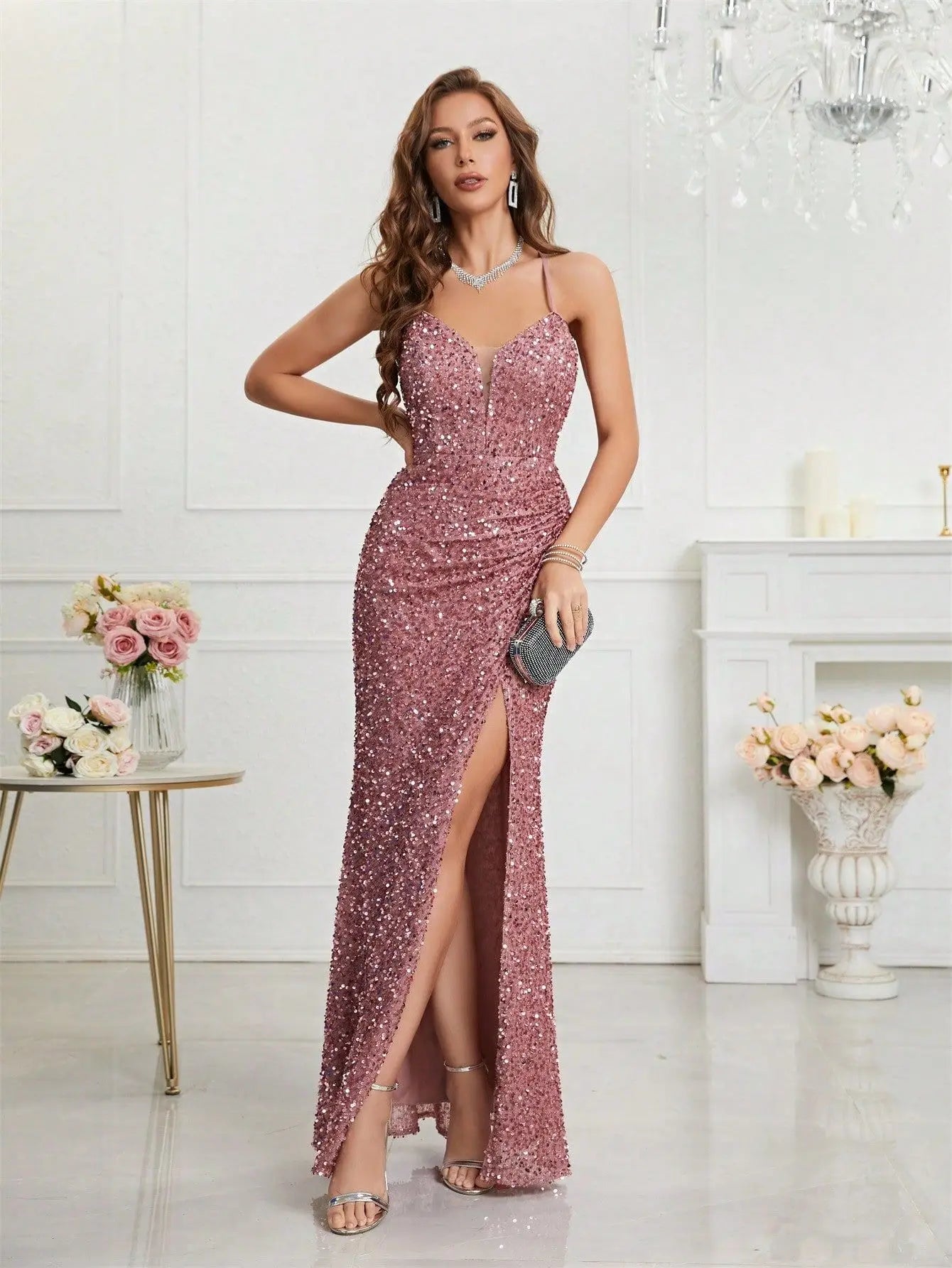 2024 V-neck Spaghatti Straps Sequined Formal Evening Prom Dress