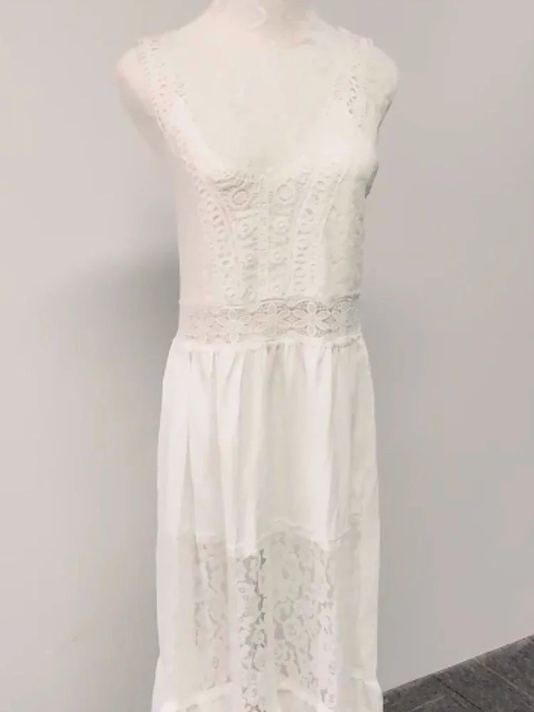Sexy Lace Hollow V-neck Spaghetti Straps Short Dress White