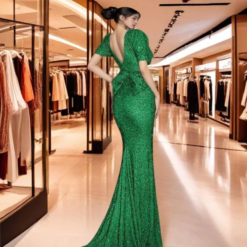 Sexy Double V-neck Hip Wrapped Sequined Back Bow Mermaid Long Evening Dress
