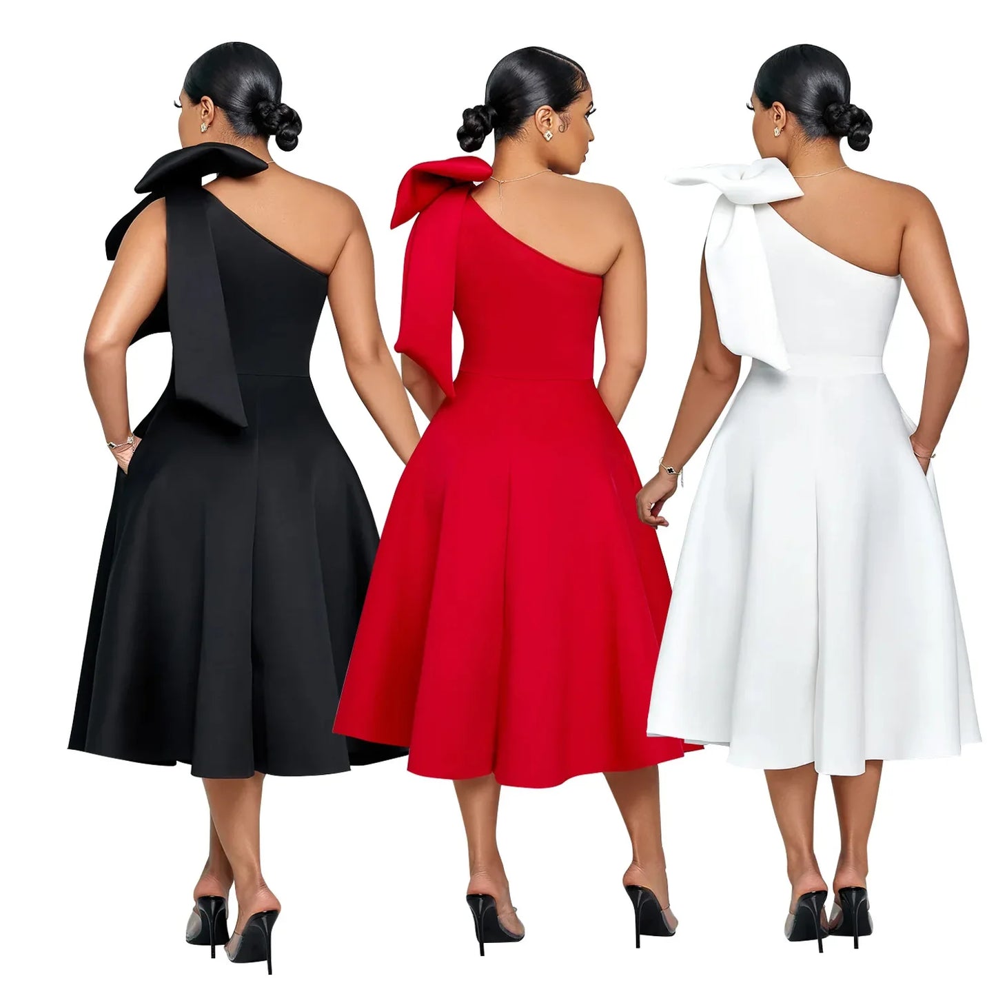Elegant Solid Color One Shoulder Bow Dress