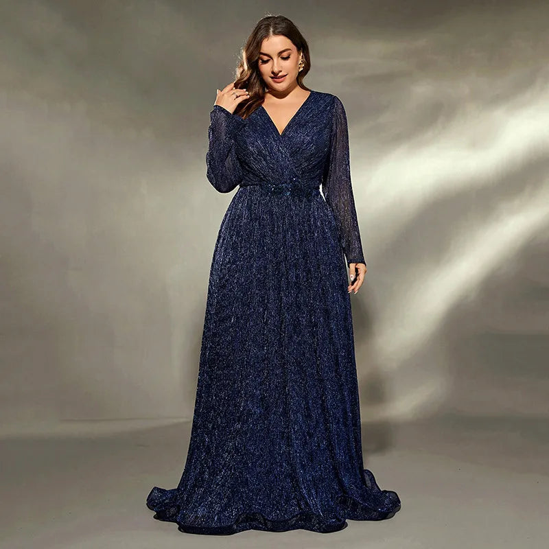 Elegant Long Sleeves Sequined Plus Size Formal Evening Dress Blue