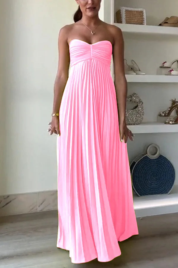 Elegant Solid Color Strapless Pleated Chiffon Long Dress