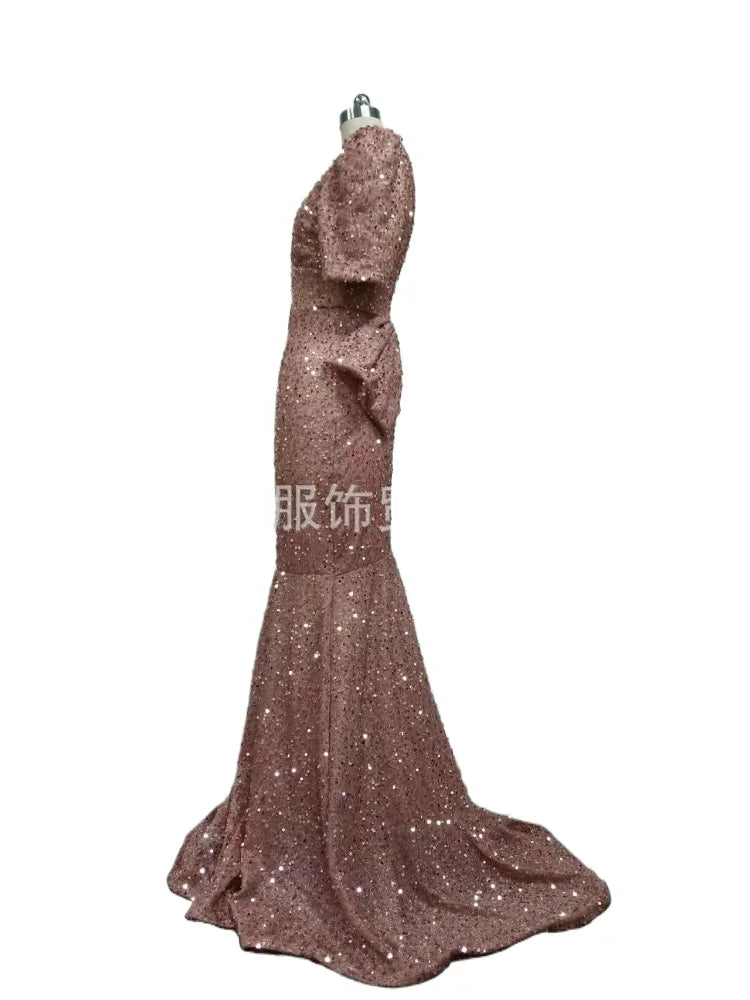 Sexy Double V-neck Hip Wrapped Sequined Back Bow Mermaid Long Evening Dress