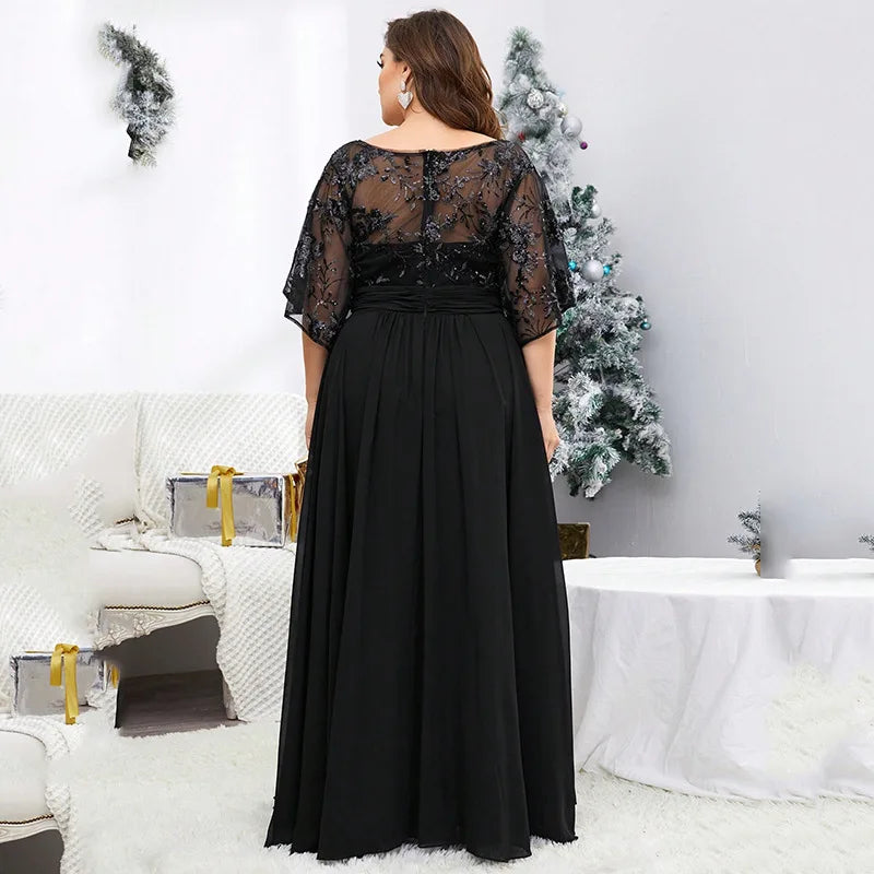 Elegant V-neck Sequined Mesh Chiffon Long Formal Dress Black
