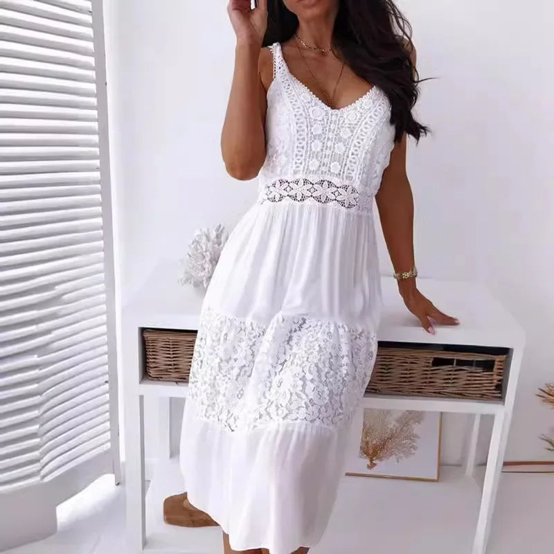 Sexy Lace Hollow V-neck Spaghetti Straps Short Dress White