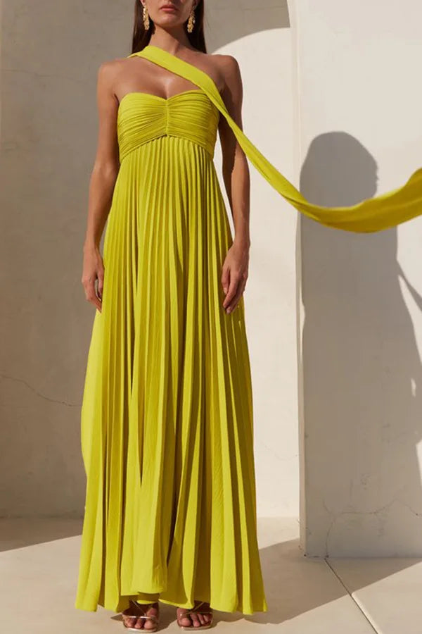 Elegant Solid Color Strapless Pleated Chiffon Long Dress