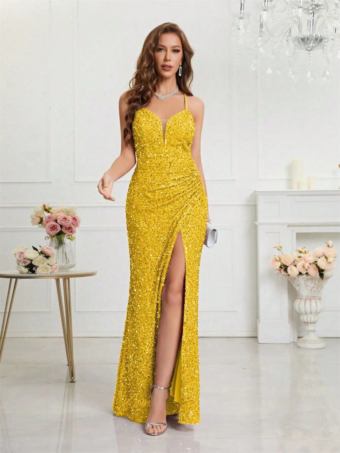 2024 V-neck Spaghatti Straps Sequined Formal Evening Prom Dress
