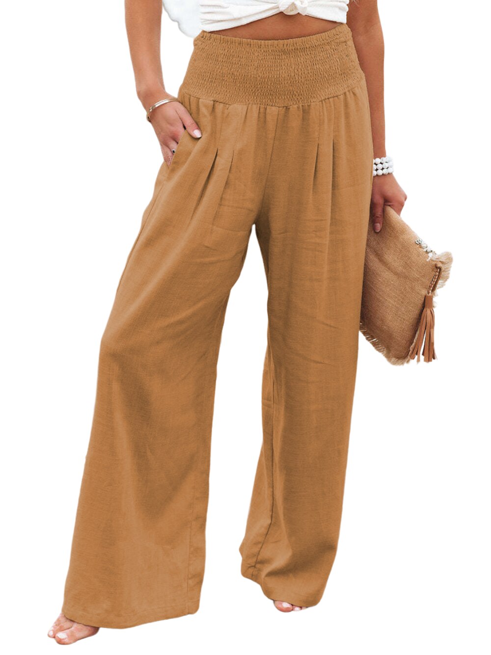 Smocked Wide Waistband High Waist Wide Leg Pants