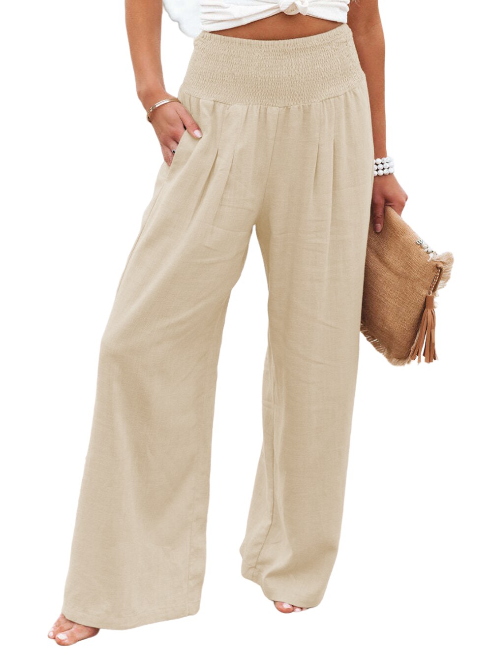 Smocked Wide Waistband High Waist Wide Leg Pants