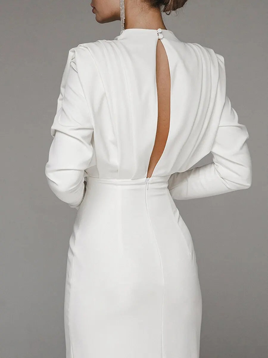 Solid Color Long Sleeves Turtleneck Pullover Side Slit Ruched Formal Evening Dress