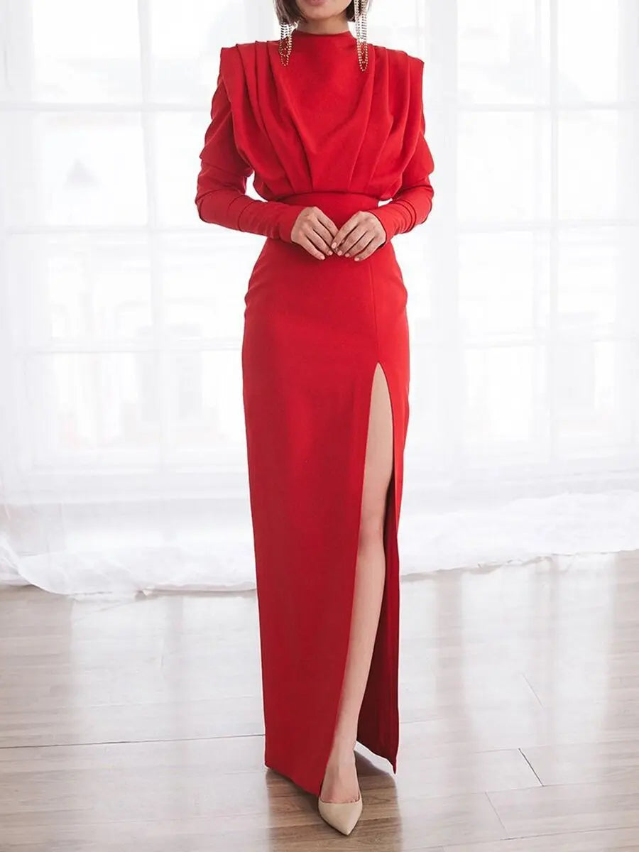 Solid Color Long Sleeves Turtleneck Pullover Side Slit Ruched Formal Evening Dress