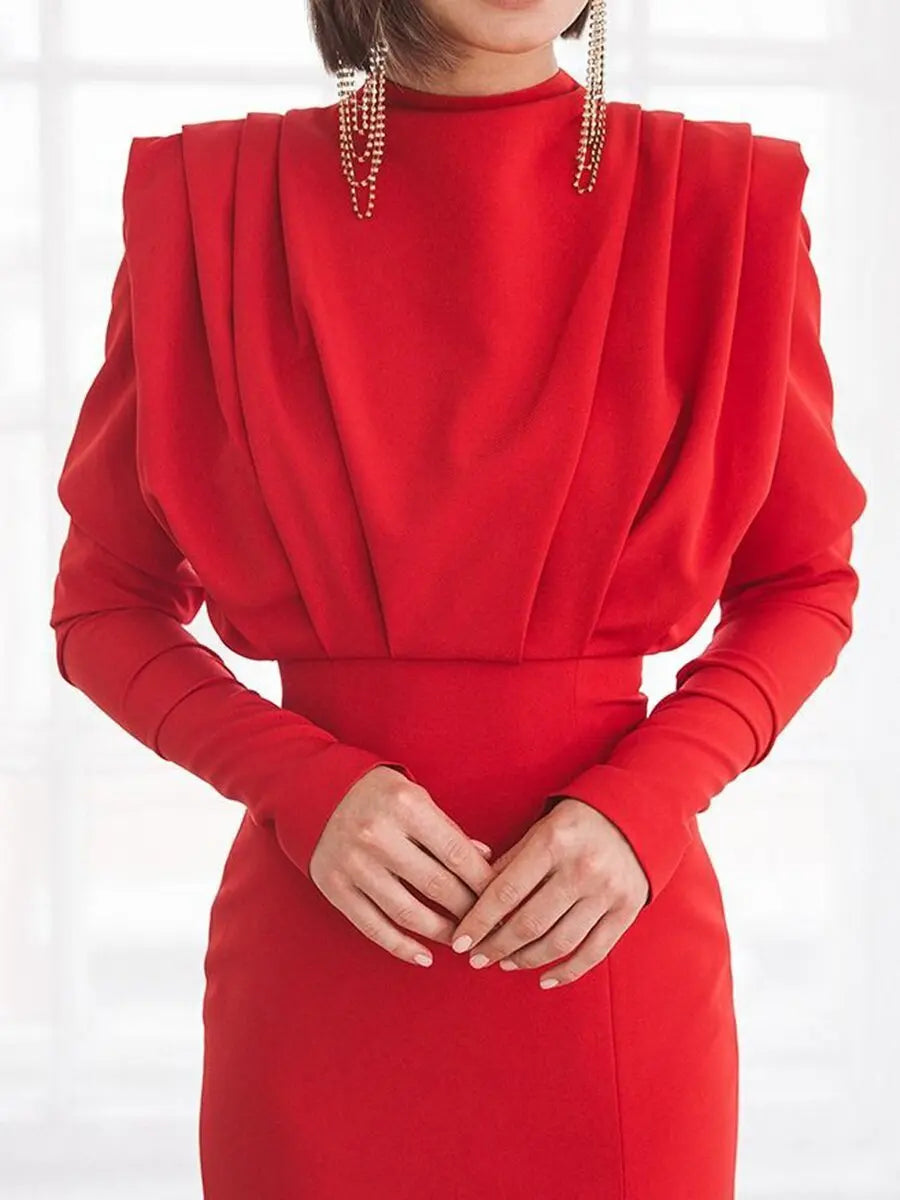 Solid Color Long Sleeves Turtleneck Pullover Side Slit Ruched Formal Evening Dress