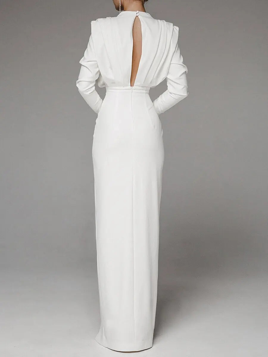 Solid Color Long Sleeves Turtleneck Pullover Side Slit Ruched Formal Evening Dress