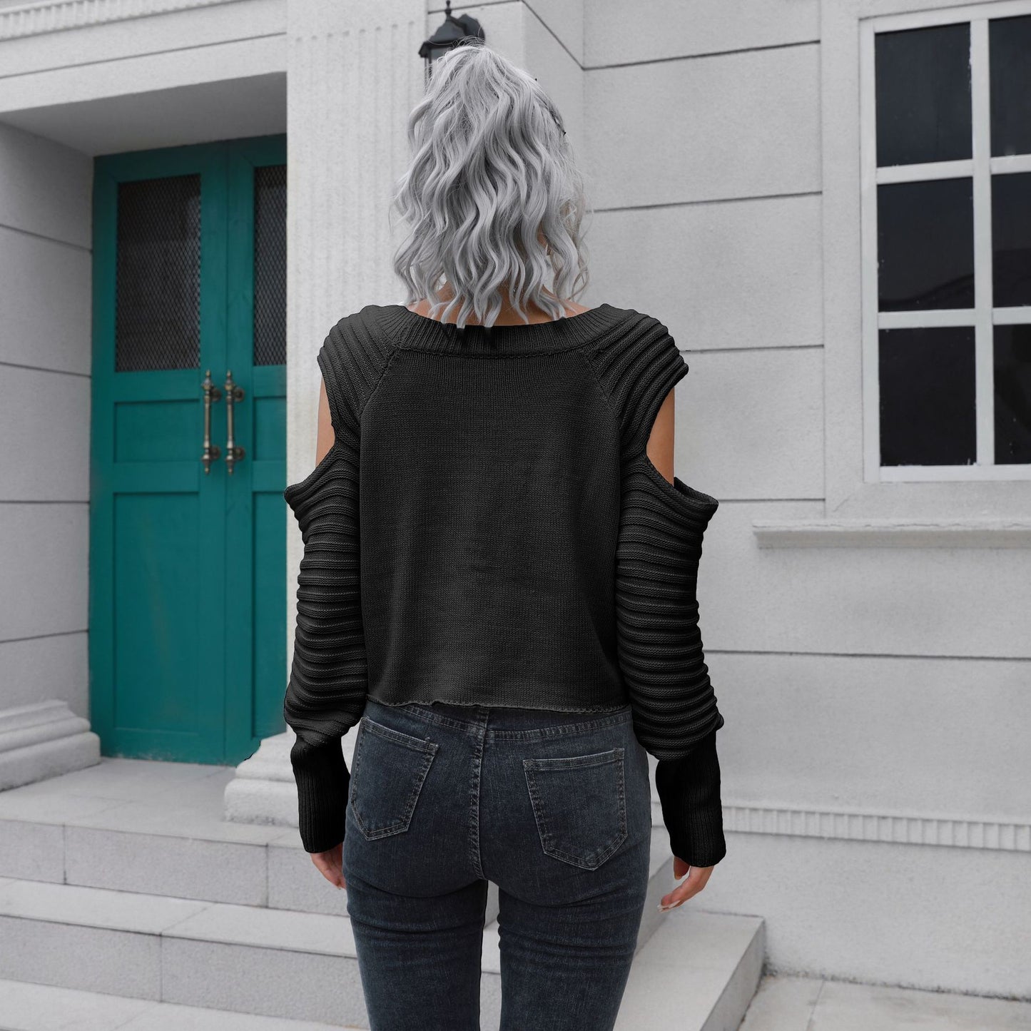 Spring Solid Loose Long Sleeve Off Shoulder Women's Short Sweater