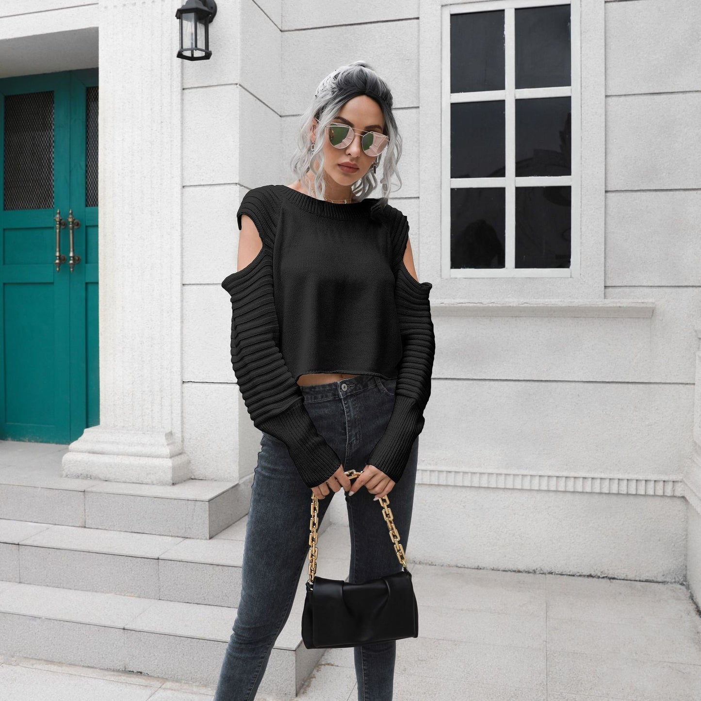Spring Solid Loose Long Sleeve Off Shoulder Women's Short Sweater