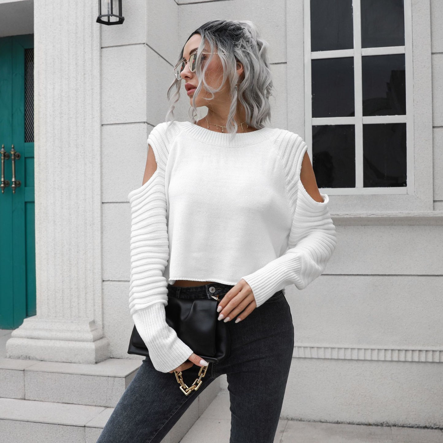 Spring Solid Loose Long Sleeve Off Shoulder Women's Short Sweater